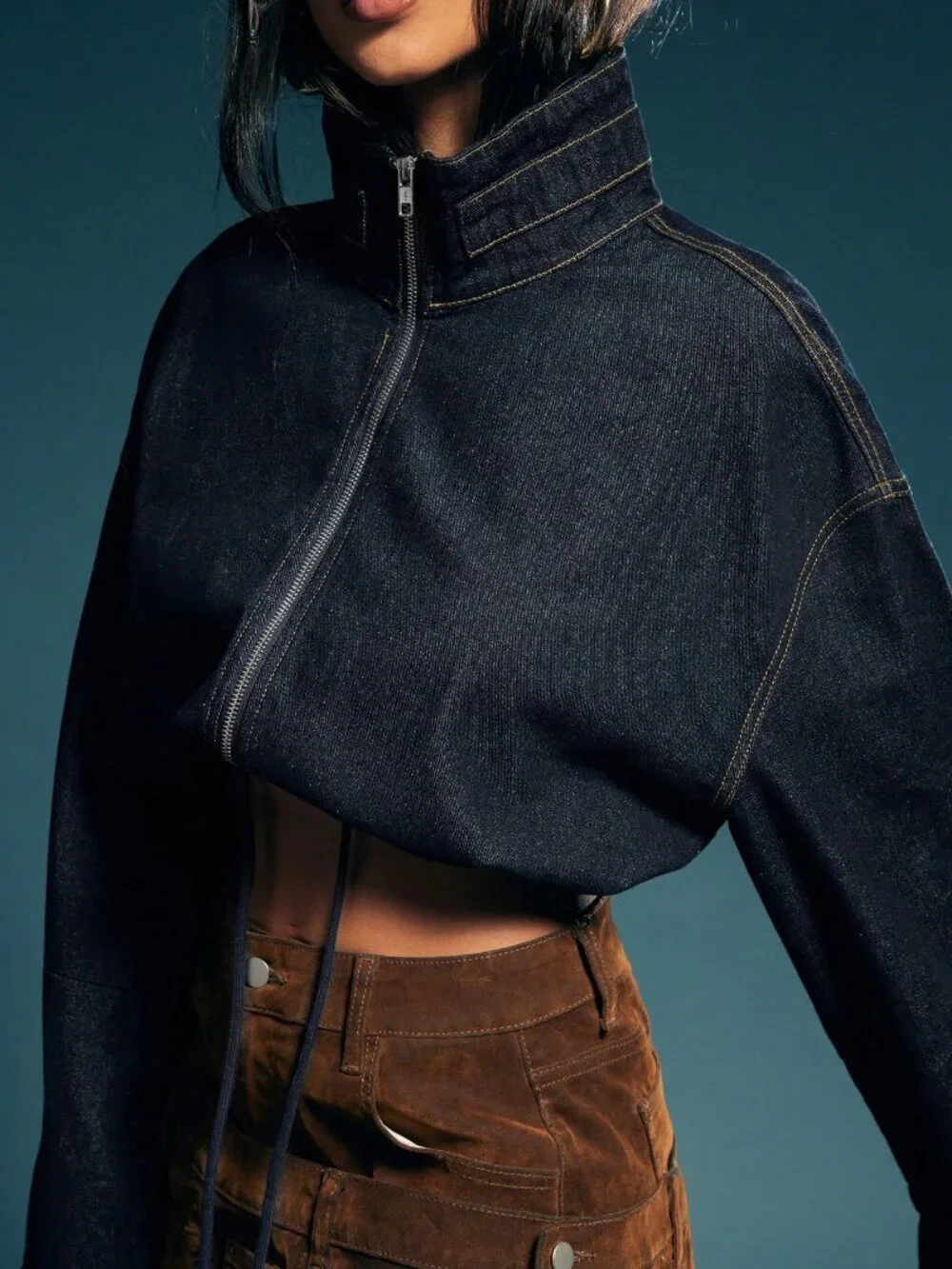 Dark Wash Casual Women's Cropped Denim Jacket with Elastic Waist & Zip Front